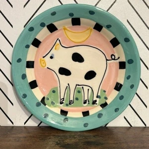 Pig Folk Art Handmade Plate Pottery Wall Art Country Farmhouse Kitsch Moon Dots - Picture 1 of 4