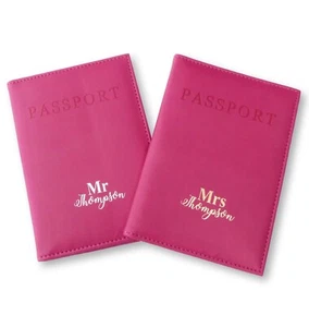 PERSONALISED PINK PASSPORT COVER MR & MRS WEDDING TRAVEL GIFT GOLD SILVER FOIL - Picture 1 of 5