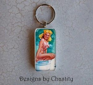 Pinup GIrl Keychain Sexy Blonde In A Bubble Bath Tub Pin Up Girl Domino Charm - Picture 1 of 1
