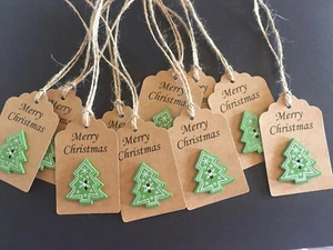 10 Cute Kraft Embellished Merry Christmas Green Wooden Tree Button Gift Tags - Picture 1 of 1