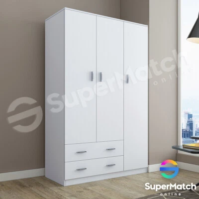 White Wooden Wardrobe 3 Doors 2 Drawers Bedroom Clothes Cupboard Cabinet 180CM - image 1 of 4