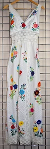 Vintage Dress Size S/M 70s White Crochet Colorful Floral Embroidery Empire Waist - Picture 1 of 16
