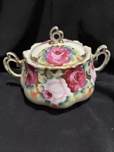Antico Barattolo Cracker Biscotti Dipinto A Mano Rose Rosa - Bordo Oro 9” x 6” Senza Marchi - Foto 1 di 5