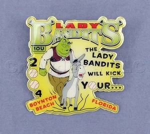 Prendedor de softbol Boynton Beach Florida Shrek Donkey Lady Bandits 2004 1 OU niñas - Imagen 1 de 1