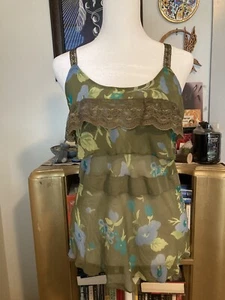 Vintage Y2K Free People sheer green floral laced straps Sz Med silk chiffon Top - Picture 1 of 5