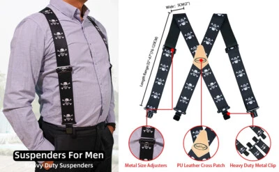 Mens Heavy Duty Metal Clip 2" Wide Work Suspender Braces X back Skull Patterns - Image 1 of 4