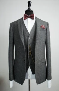 Mens 3 Piece Suit Grey Tweed Slim Fit 44R W38 L31 - Picture 1 of 15