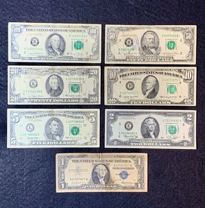 Lot of 7 Vintage Bills $100 $50 $20 $10 $5 $2 $1 US Currency All Denominations - Picture 1 of 7