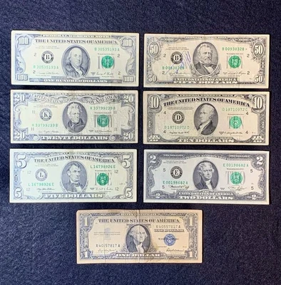 Lot of 7 Vintage Bills $100 $50 $20 $10 $5 $2 $1 US Currency All Denominations - Image 1 of 4