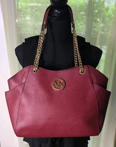 Michael Kors Saffiano Leather Large Jet Set Double Handle Chain Shoulder Bag Red - Picture 1 of 18