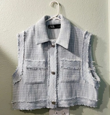 Chaleco corto ZARA para mujer talla L texturizado tweed deshilachado azul blanco plata botones Foto 1 de 4