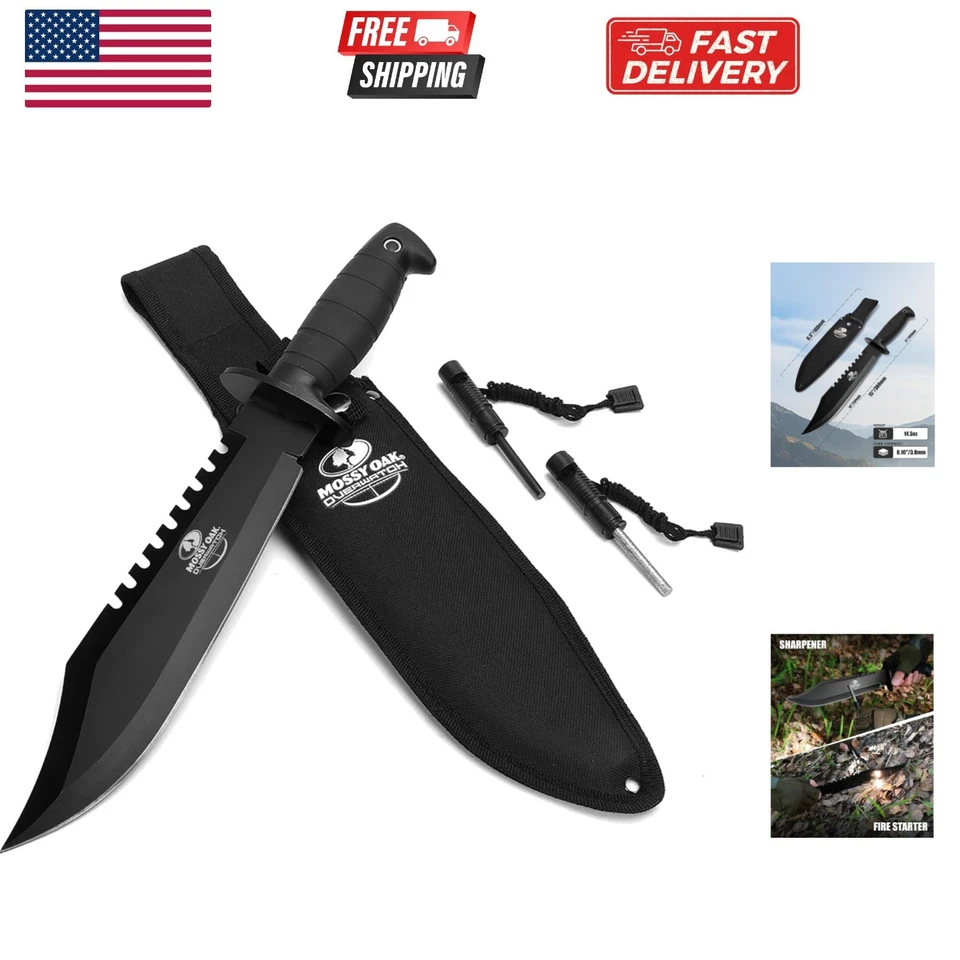 Mossy Oak Serrated 10 Inch Fixed Blade Knife With Sharpener and Fire Starter
