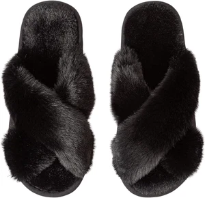 Women'S Slipper Memory Foam Cross Band Fuzzy Slippers Open Toe Cozy House Slippe - Picture 1 of 12