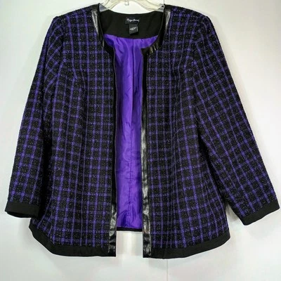 Blazer Maggie Barnes para mujer 1X Plus púrpura a cuadros tweed brillo imitación cuero ribete Foto 1 de 4
