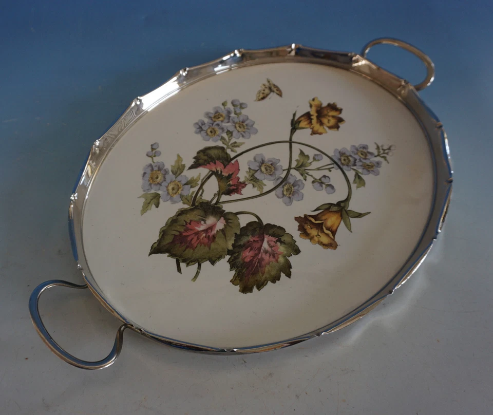 Jugendstil Keramik Spritzdekor Tablett mit Blumen u. Schmetterling (F023-066) - Bild 1 von 4