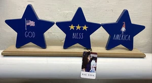 Rae Dunn Patriotic Blue Metal Stars Wood Base God Bless America 22”x 7.5” - Picture 1 of 8