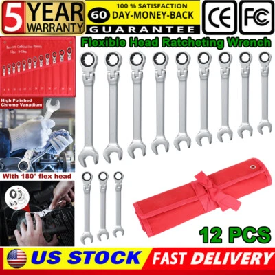 CHOCOLATE_CHIP_PART 12Pc 8-19mm Flexible Head Ratcheting Wrench Combination Spanner Auto Tool Metric