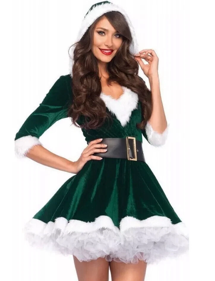 Disfraz de Navidad Mrs Claus Elfo Verde Terciopelo Vestido/Cinturón con Capucha Foto 1 de 2