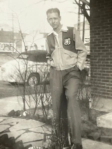 N3 Photograph Handsome Man Poses With Old Car Convertible 1930-40's - Picture 1 of 3
