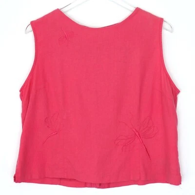 Basic Editions Pink Sleeveless Back Button Top Size 18 Embroidered Dragonfly - Image 1 of 4