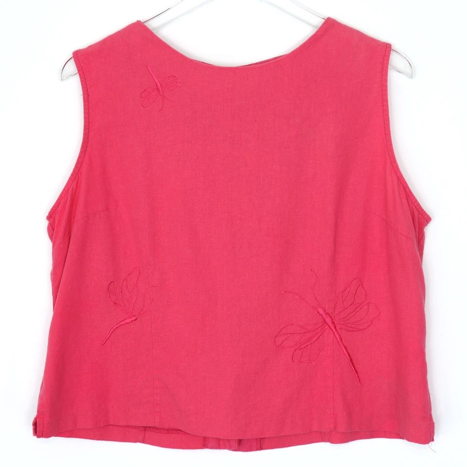Basic Editions Pink Sleeveless Back Button Top Size 18 Embroidered Dragonfly - Image 1 of 4