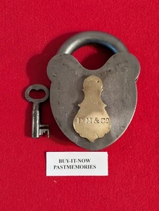 HUGE 5" 1860's CIVIL WAR "D.M." IRON PADLOCK w/ KEY, VINTAGE LOCKS ANTIQUE LOCK - Picture 1 of 6