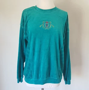 Felpa retrò vintage anni 80 velluto turchese top L ricamata crest fondo a fascia - Foto 1 di 8