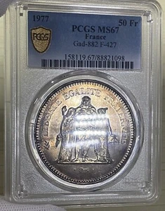 France 1977 Silver 50 Francs Rainbow Colored Coin Hercules PCGS MS 67 Km#941.1 - Picture 1 of 5