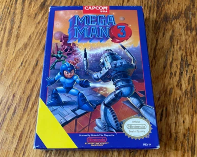 Mega Man 3 complete in box BLANK BANNER NO TEXT yellow error nes nintendo - Image 1 of 4