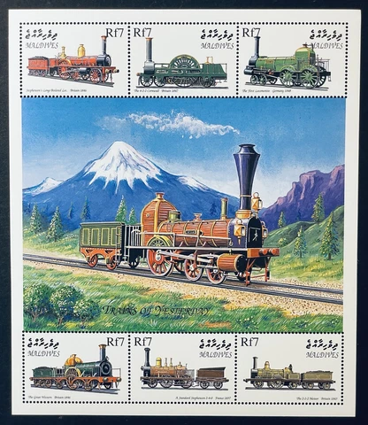 MALDIVES TRAINS OF YESTERDAY STAMPS SHEET OF 6 MNH 1999 RAILROAD 1ST LOCOMOTIVE Cover