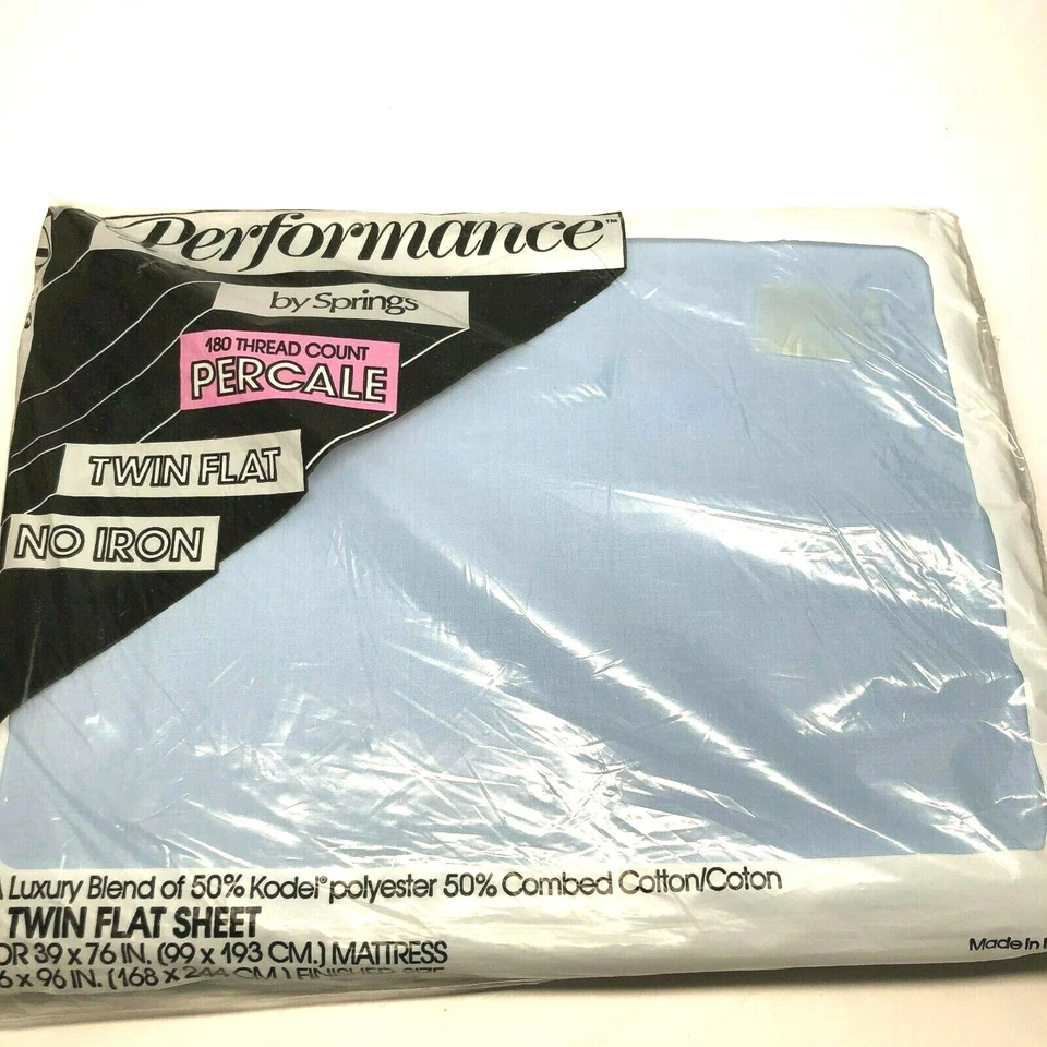 Vintage Percale TWIN Flat Bed Sheet Performance by Springs No Iron 180 Ct Blue - Image 1 of 4
