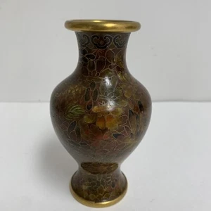 NICE Vintage Chinese Browns & Brass Tone FLORALS Cloisonne Enamel Copper Vase 5” - Picture 1 of 6