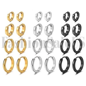 8pcs Mens Womens Stainless Steel Hypoallergenic Huggie Hoop Earrings 7/9/12/14mm - Picture 1 of 27