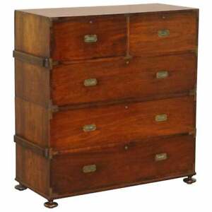 RESTORED 1876 STAMPED CAMPHOR WOOD MILITARY CAMPAIGN CHEST OF DRAWERS + DESK
