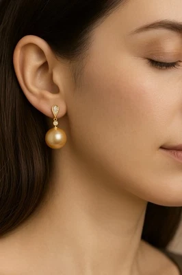 Винтажные серьги с желтым морским жемчугом и бриллиантами ювелирные изделия из золота 14 карат бывшие в употреблении - Изображение 1 из 4