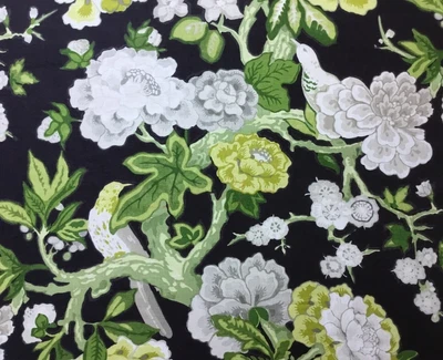 SCHUMACHER CURTAIN FABRIC ‘BERMUDA BLOSSOMS’ 2M JET MARY MCDONALD - LINEN BLEND - Image 1 of 4