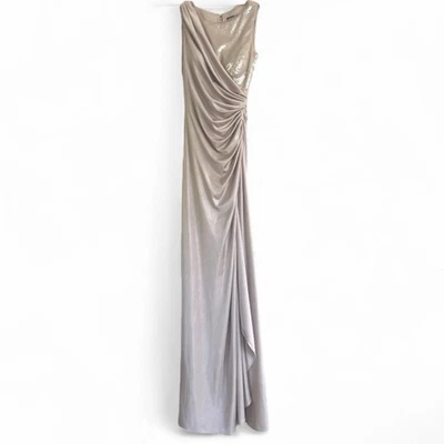 ADRIANNA PAPELL Sequin Draped Formal Gown Long Ethereal Maxi Dress Champagne | 6 - Image 1 of 4