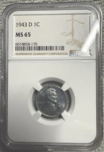 1943 D 1C LINCOLN STEEL WHEAT CENT NGC MS65 - Picture 1 of 4