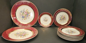 12 Pc Century By Salem Aristocrat Maroon 23K Gold Dinner Salad Saucer Cup Plates - Picture 1 of 24