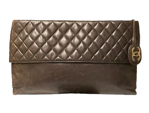 Rare Large 1980s Vintage Chanel Gray Quilted Lambskin Clutch Bag 16” x 11” - Picture 1 of 24
