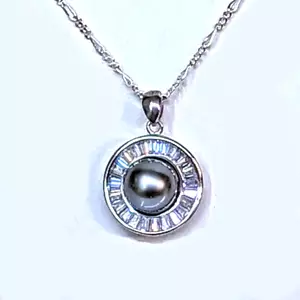 Ciondolo Perla Tahitiana 10MM con Zirconi Cubici, Collana 16", Impostazioni Argento - Foto 1 di 3