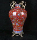 19.6"Qianlong Marked China Famile Rose Porcelain Inlay Copper Dynasty Lions Vase