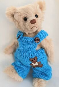 *Bear Knits*  Hand Knitted teddy bear dungarees in turquoise blue to fit 8" bear