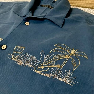 Havanera Co Shirt Men’s M Blue Embroidered Rayon Bowling Lounge Retro Button Up - Picture 1 of 11