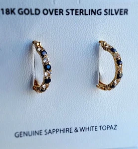 BLUE SAPPHIRE & WHITE TOPAZ 18K GOLD 925 STERLING SILVER WOMEN HOOP EARRINGS New - Picture 1 of 12
