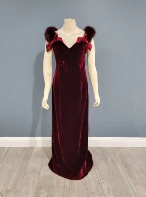 Vintage LILLIE RUBIN NWT wine velvet fur long evening gown M - Image 1 of 4
