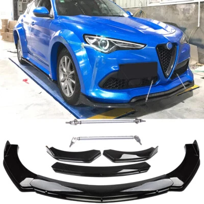 Kits divisores de labios de parachoques delantero negro brillante y varillas de puntal para Alfa Romeo Giulia Foto 1 de 4