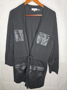 Calvin Klein Cardigan Sweater Black Cinch Waist Faux Leather Pockets Mid Length - Picture 1 of 19