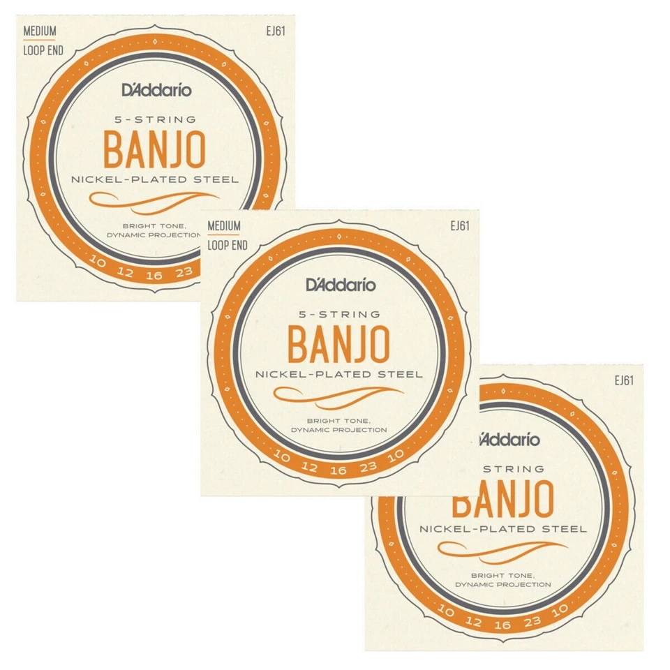 D'Addario Banjo Strings 3 Sets Nickel Steel Loop End Medium EJ61 - Image 1 of 4