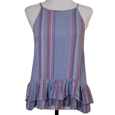 Ruffle Tiered Tank Top Beachy Coastal Stripes Vacation Boho Summer Cruise Size M - Image 1 of 4